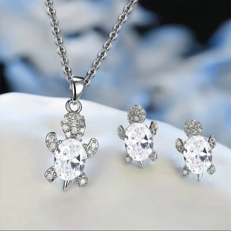 3Pcs Silver-Plated Necklace Earrings set Turtle Shape with Multi Color Glass