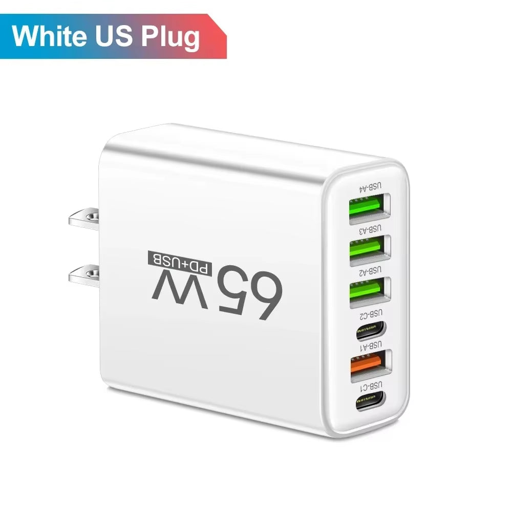65W USB C Charger 6 Ports Wall Adapter for Iphone Xiaomi Huawei Samsung