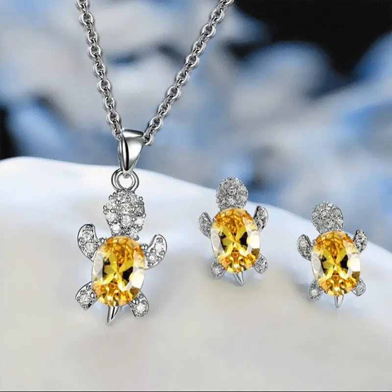 3Pcs Silver-Plated Necklace Earrings set Turtle Shape with Multi Color Glass