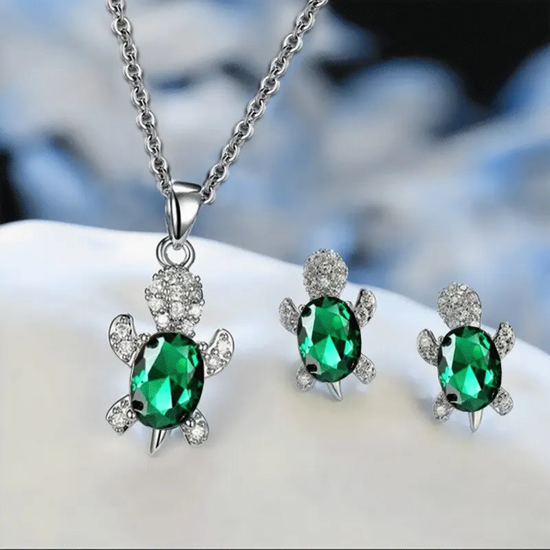 3Pcs Silver-Plated Necklace Earrings set Turtle Shape with Multi Color Glass