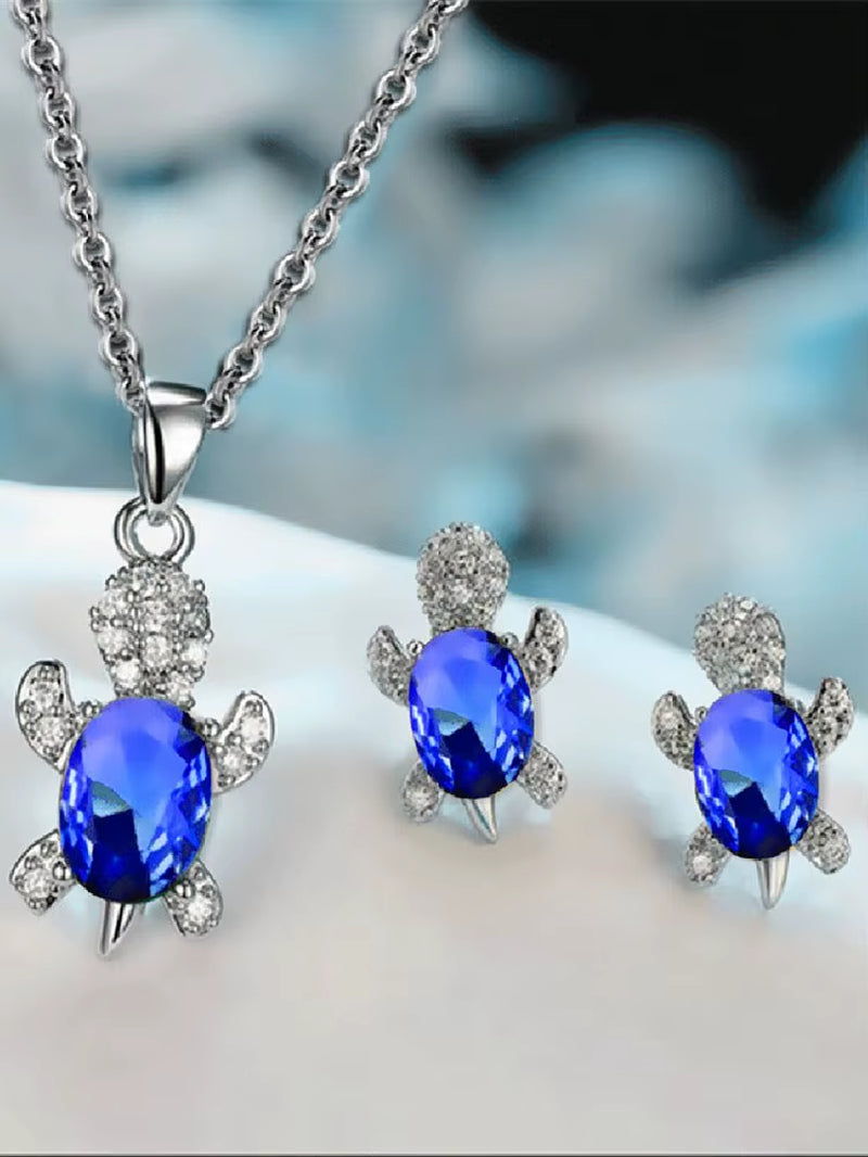 3Pcs Silver-Plated Necklace Earrings set Turtle Shape with Multi Color Glass