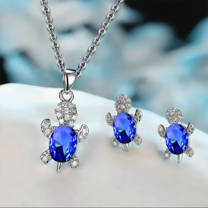 3Pcs Silver-Plated Necklace Earrings set Turtle Shape with Multi Color Glass