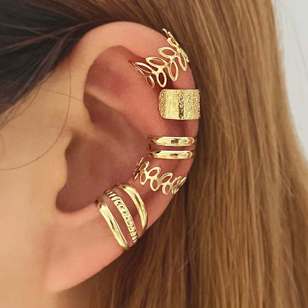 5Pcs/Set Multi-Element Leaf Geometric Non-Piercing Ear Cuff 