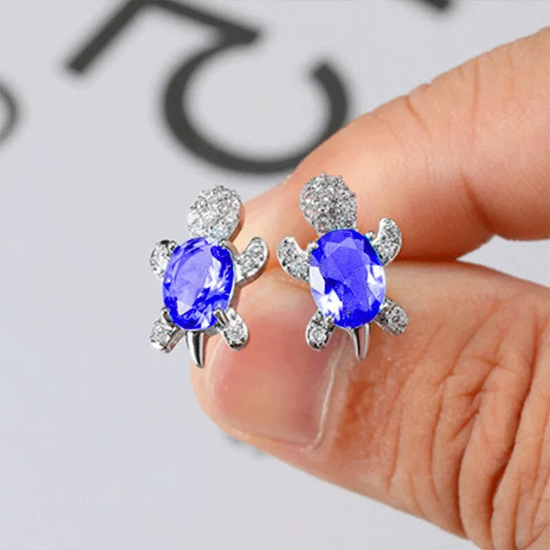 3Pcs Silver-Plated Necklace Earrings set Turtle Shape with Multi Color Glass