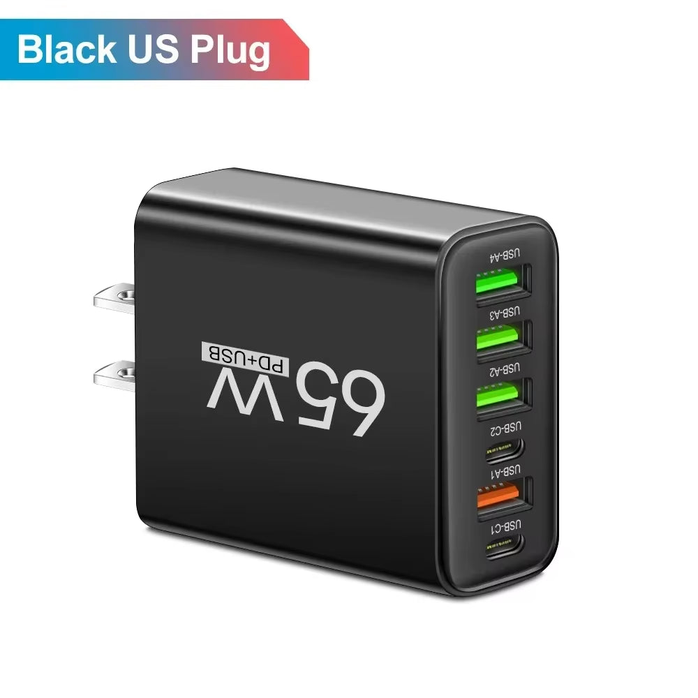 65W USB C Charger 6 Ports Wall Adapter for Iphone Xiaomi Huawei Samsung