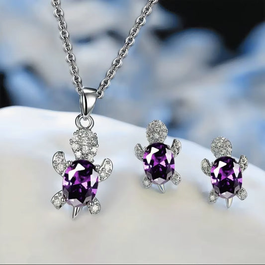 3Pcs Silver-Plated Necklace Earrings set Turtle Shape with Multi Color Glass