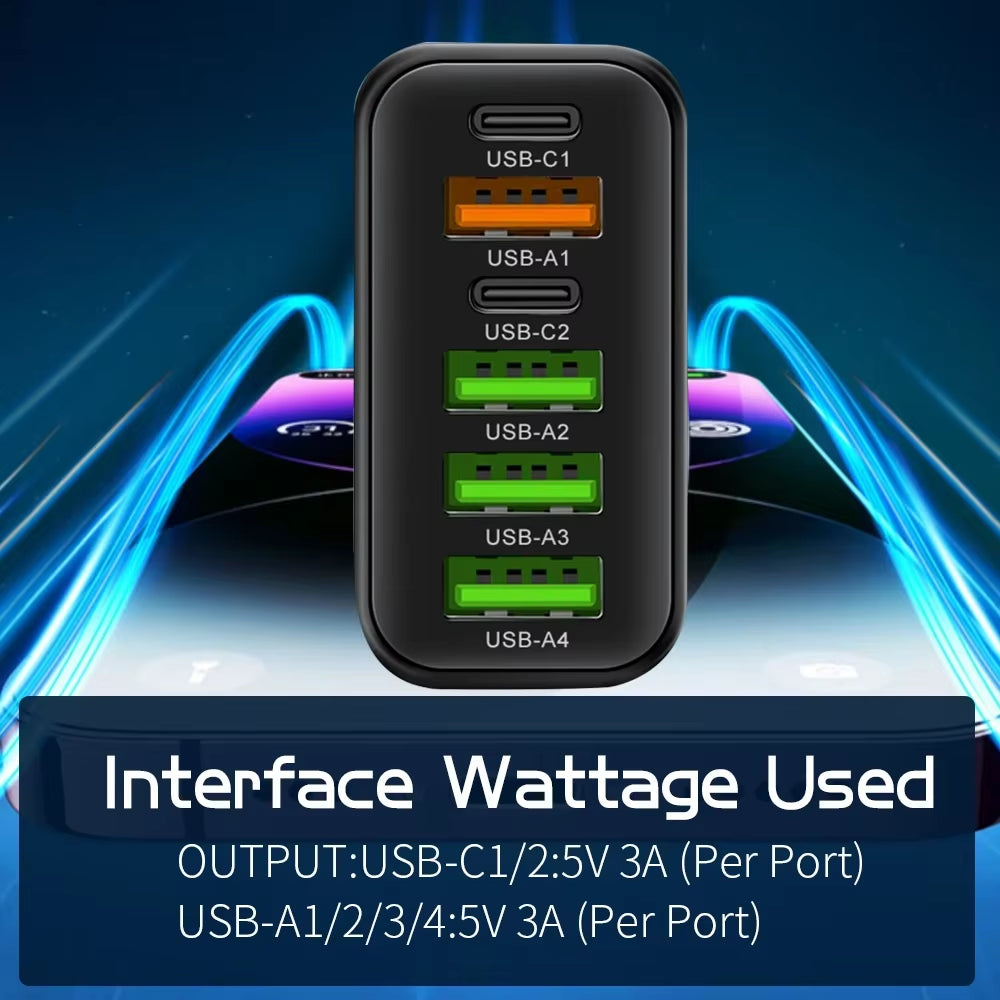 65W USB C Charger 6 Ports Wall Adapter for Iphone Xiaomi Huawei Samsung