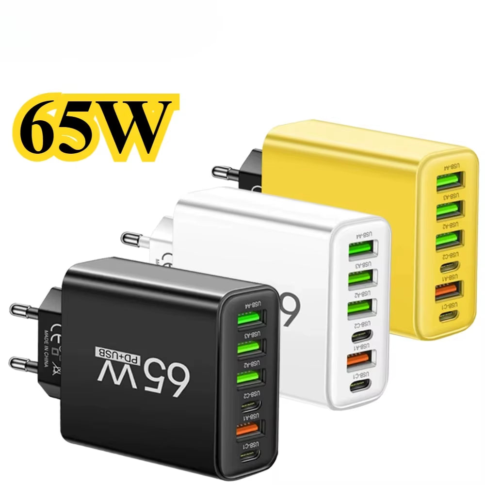 65W USB C Charger 6 Ports Wall Adapter for Iphone Xiaomi Huawei Samsung