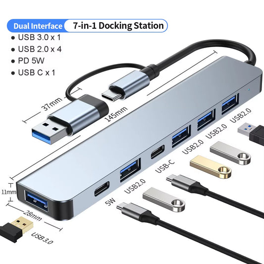 USB C Hub 3.0, VIENON Aluminum 7 in 1 USB Extender, USB Splitter with 1 X USB 3.0, 4 X USB 2.0 and 2 X USB C Ports